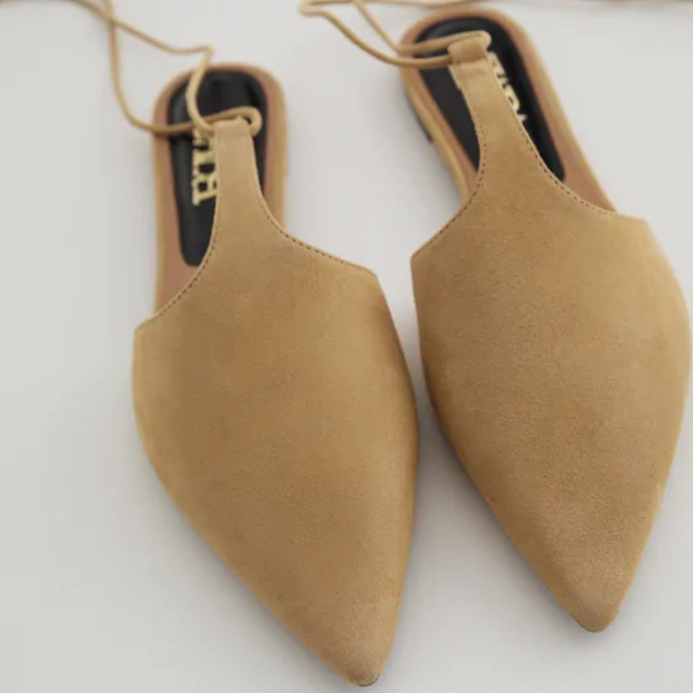 NWT Zara Sandy Brown Tied Leather T-Bar Mules, 9